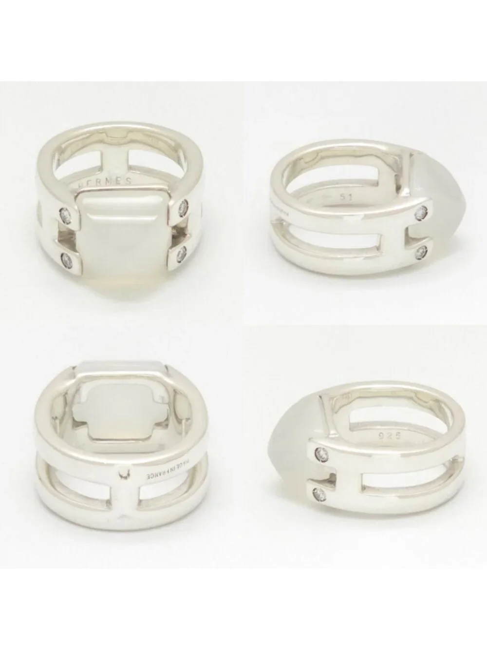 Hermes Medor Ring 51 Moonstone Diamond Sterling Silver Vintage